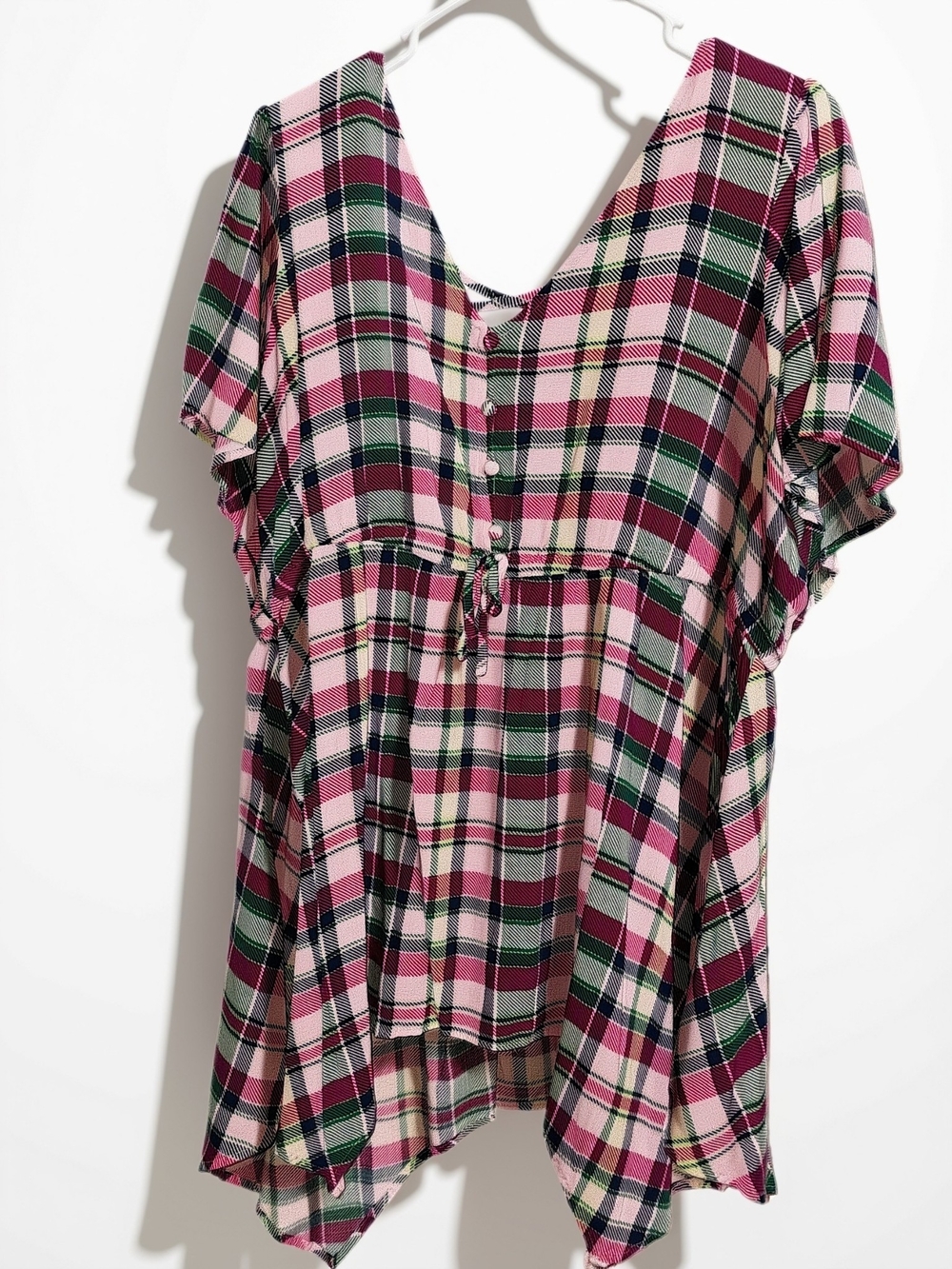 torrid Pink, Green and Blue Plaid V-Neck Tunic with Tie